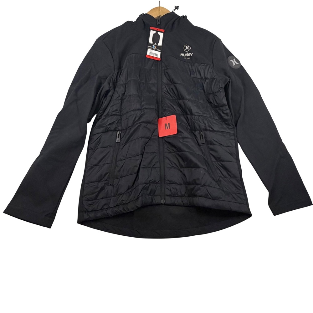Hurley Mens Black Windproof Hybrid Jacket Quilted Hooded Softshell Size M NEW